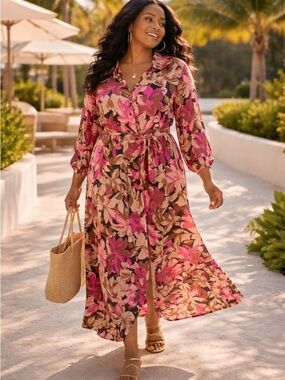 Kaffe Curve Floral Midi Dress Brown Pink Size 48 Boho Vacation Chic Resort Wear